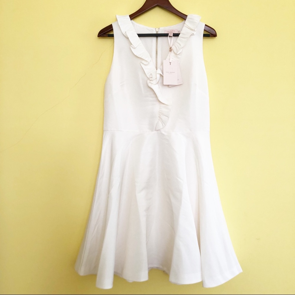 Ted Baker London Ivory Ruffle V-neck Skater Dress - Picture 2 of 7